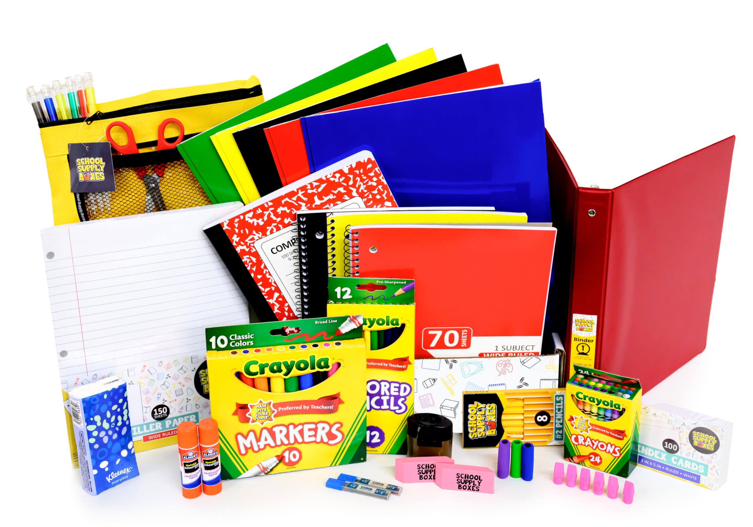 Fournitures scolaires colorées : cahiers, sac à dos et trousse